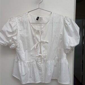 H&M White Tie-Front Puff Sleeve Blouse